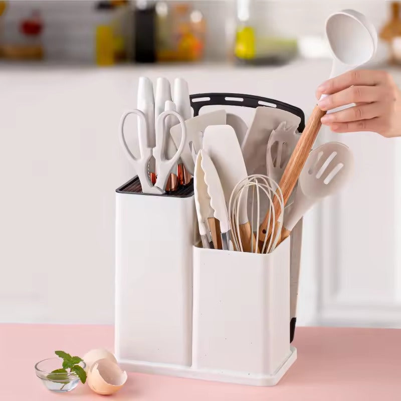 Set de Utensilios de Cocina en Silicona – 19 Piezas con Mangos de Madera | Antiadherentes
