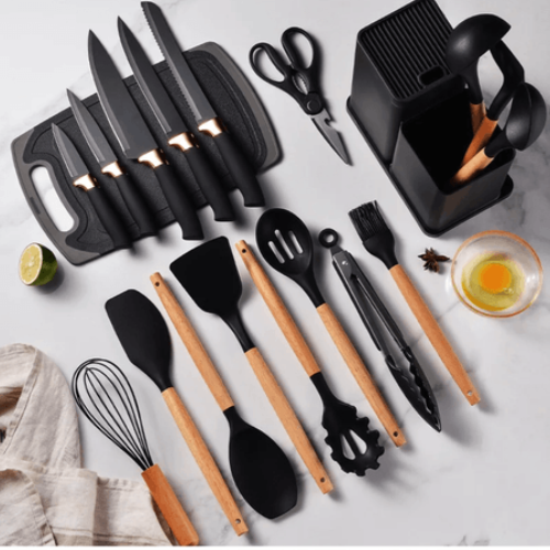 Set de Utensilios de Cocina en Silicona – 19 Piezas con Mangos de Madera | Antiadherentes