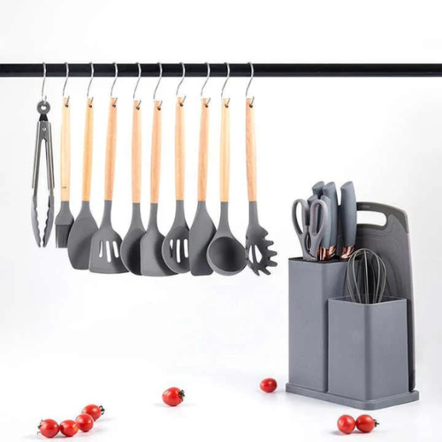 Set de Utensilios de Cocina en Silicona – 19 Piezas con Mangos de Madera | Antiadherentes