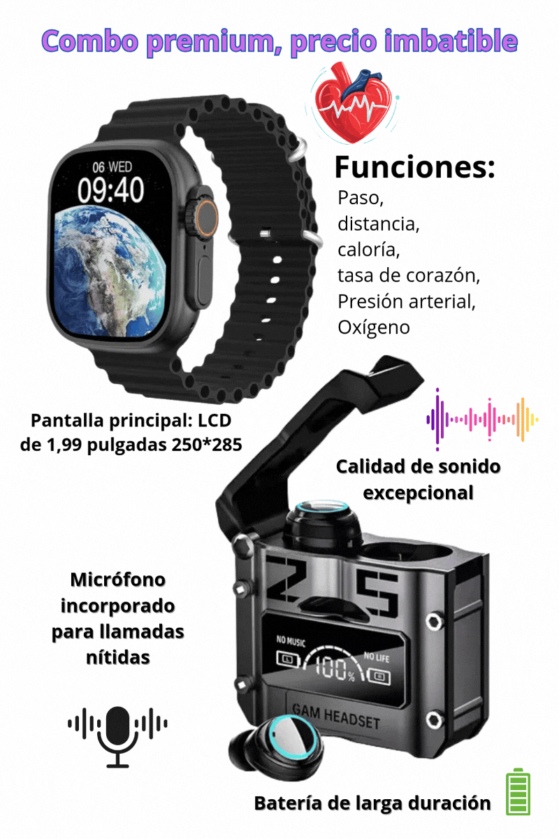 SMART WATCH T800 + AUDIFONOS M25 + OBSEQUIO
